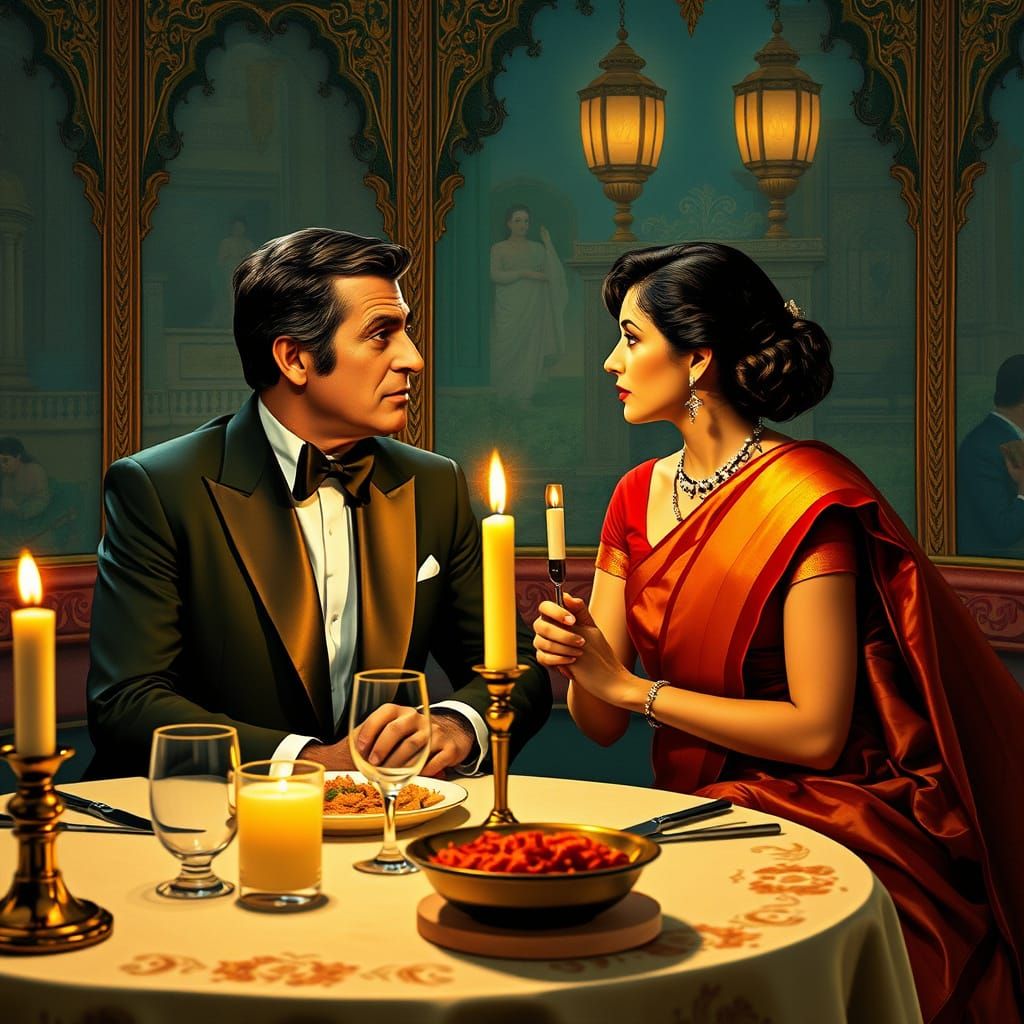 Roger Moore and Maud Adams having dinner at India restaurant