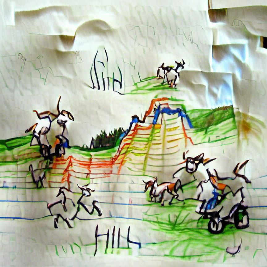 Goats running up the hill child's drawing