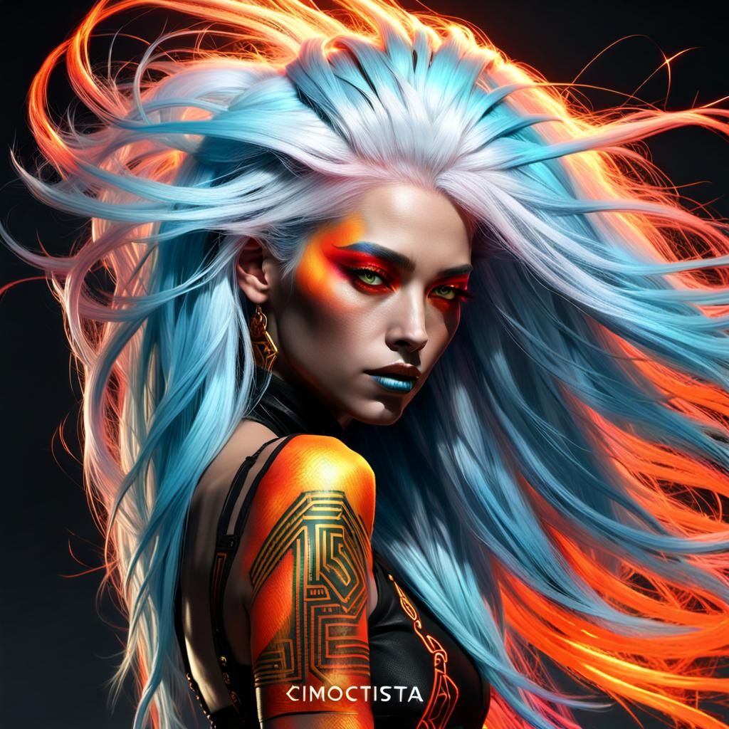 A beautiful woman with wild flowing white hair