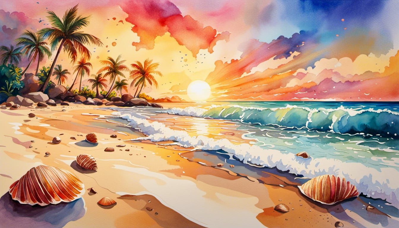 Watercolor Sunset Beach  by @Chelle