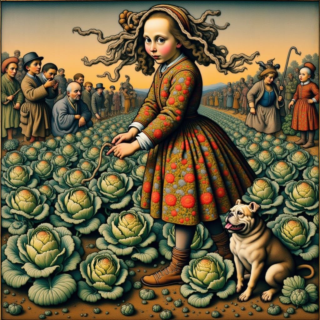 <lora:flat:1.0> flat image hyper detailed sketch jacquard peasant in the garden on a cabbage patch. Primitivism, comical, hyperbolicity, mat...