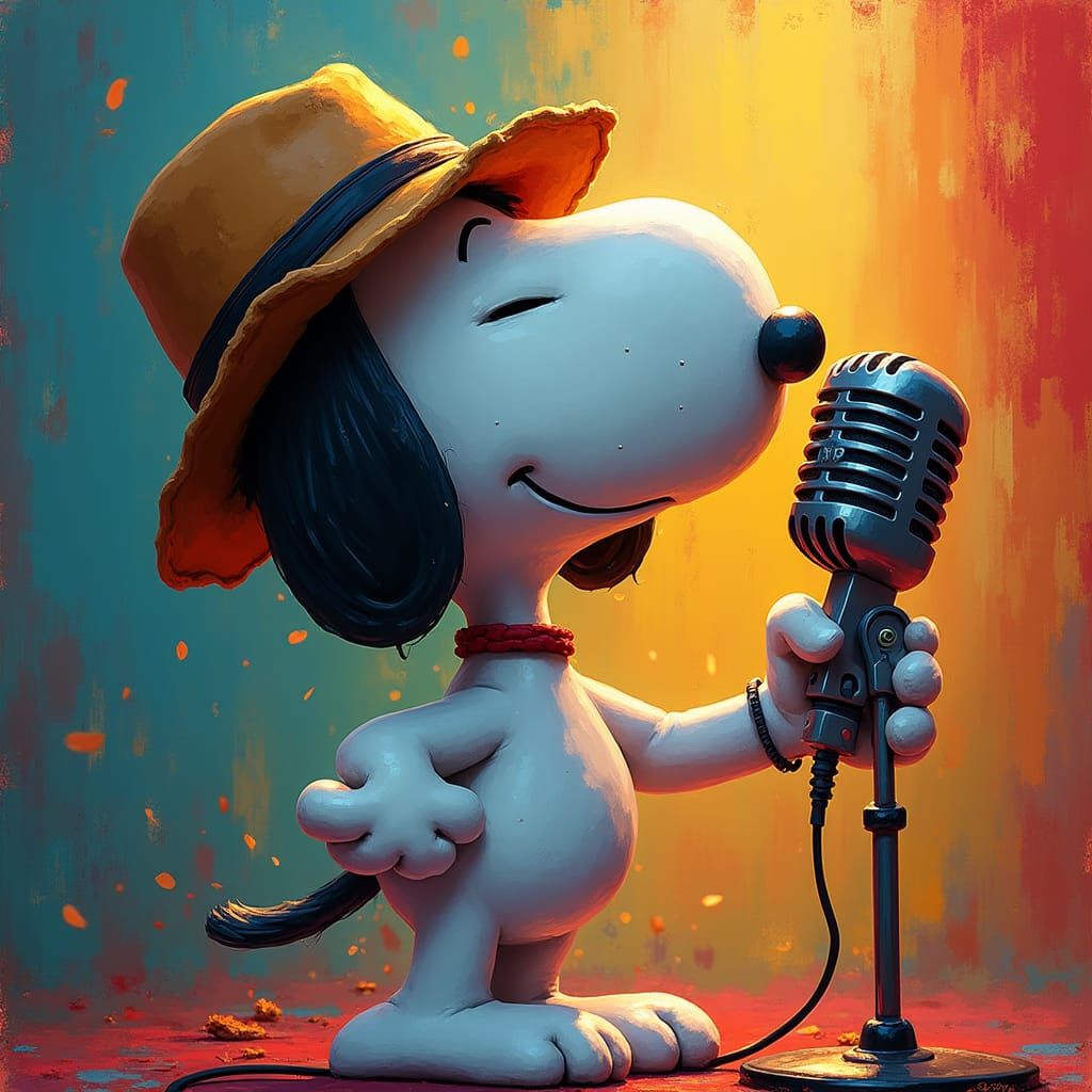 Snoopy singing into a microphone