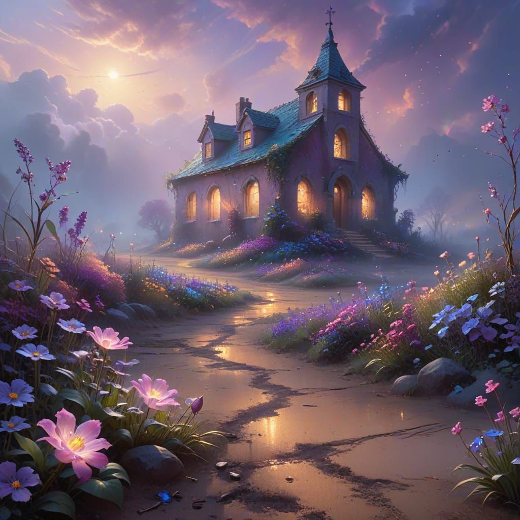 A desolate, scorched earth landscape in a post-apocalyptic setting. Ruined, crumbling buildings stretch towards a hazy, ochre sky. The groun...