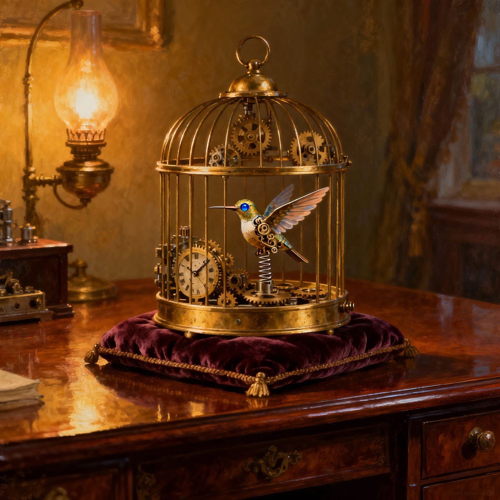 A vintage brass birdcage, intricately detailed with miniature gears and clockwork mechanisms, sits on ...  by @Eclectic shambles