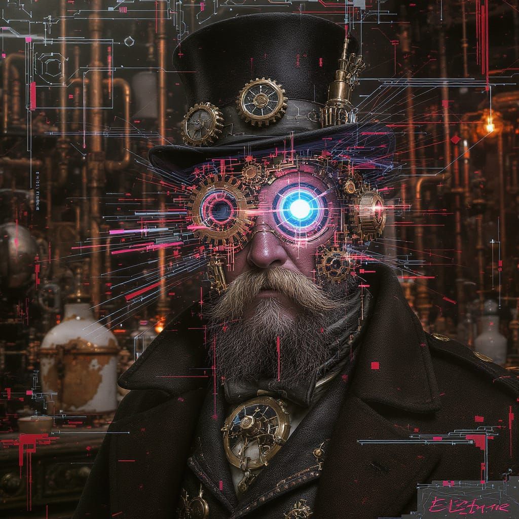 envision a portrait of a steampunk inventor, his face distorted by flickering holographic projections and fragmented mechanical gears, as if...