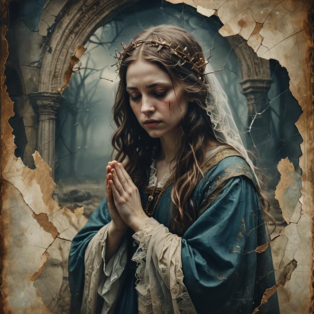 renaissance woman praying, double exposure complex art by Alex Stoddard, Natalia Drepina and Brooke Shaden surreal postc...