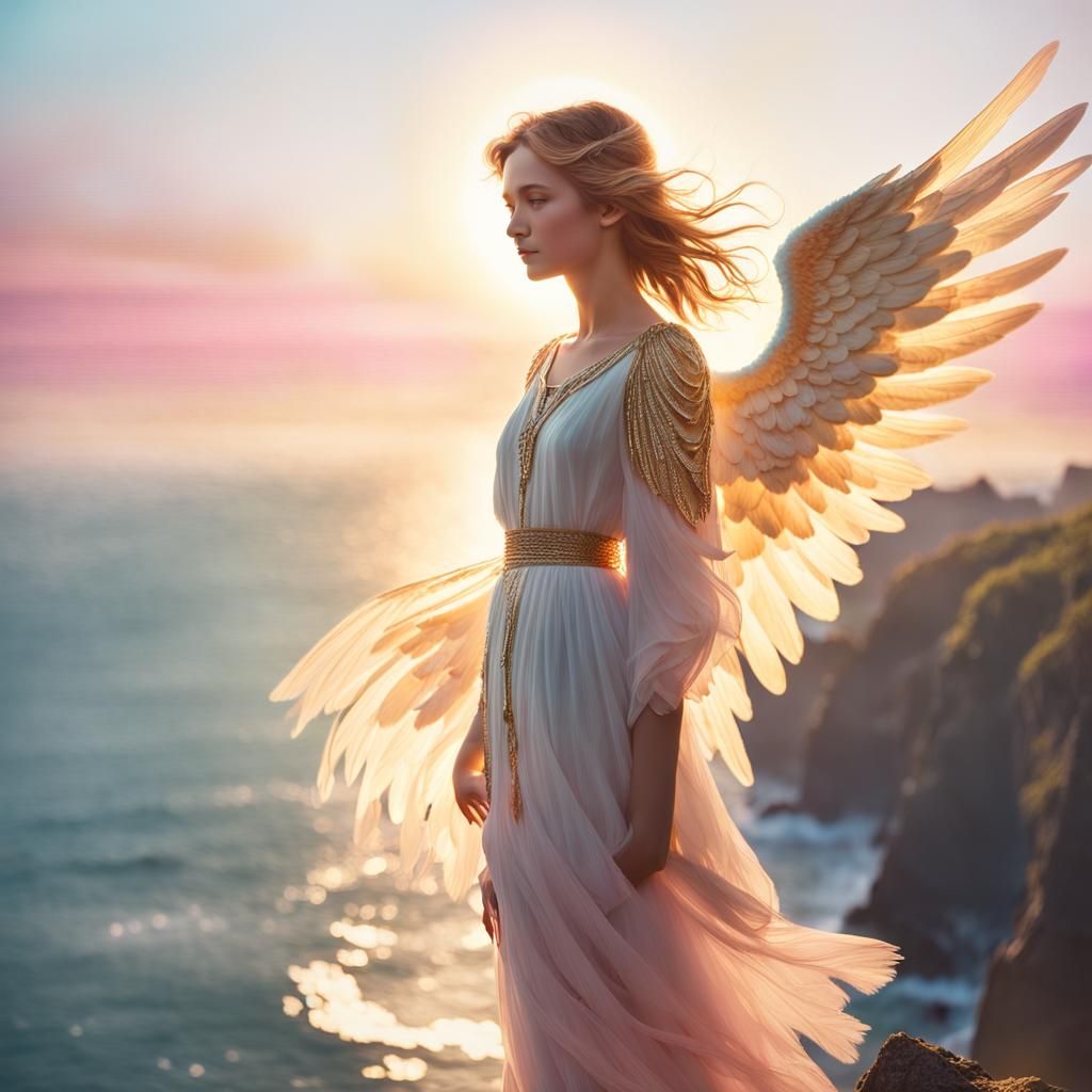 Guardian Angel Overlooking Ocean at Sunset