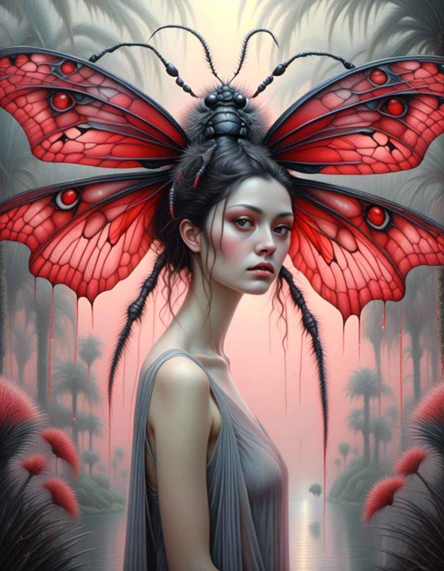 Delicate Creature, huge Insect on her shoulder; surrealism; Watercolor