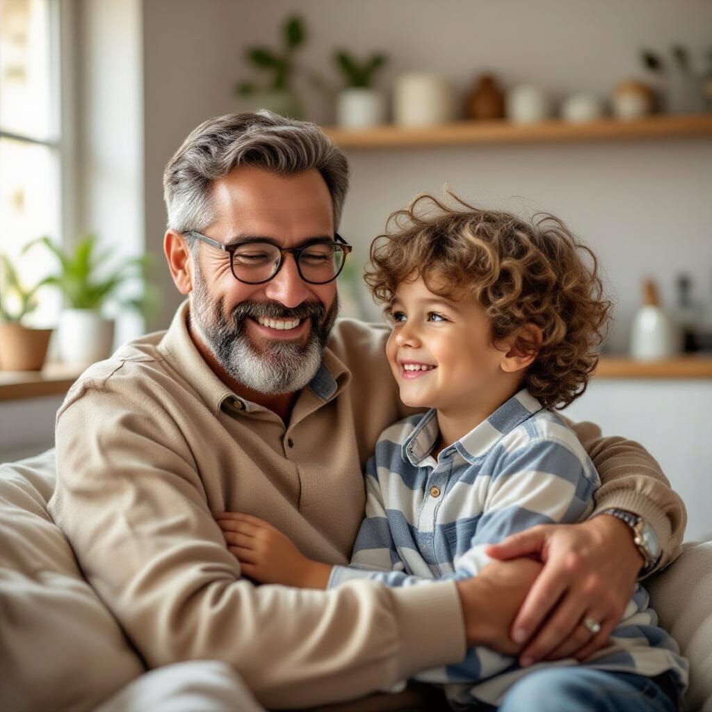 Father and Son Embrace in Cozy Modern Living Room