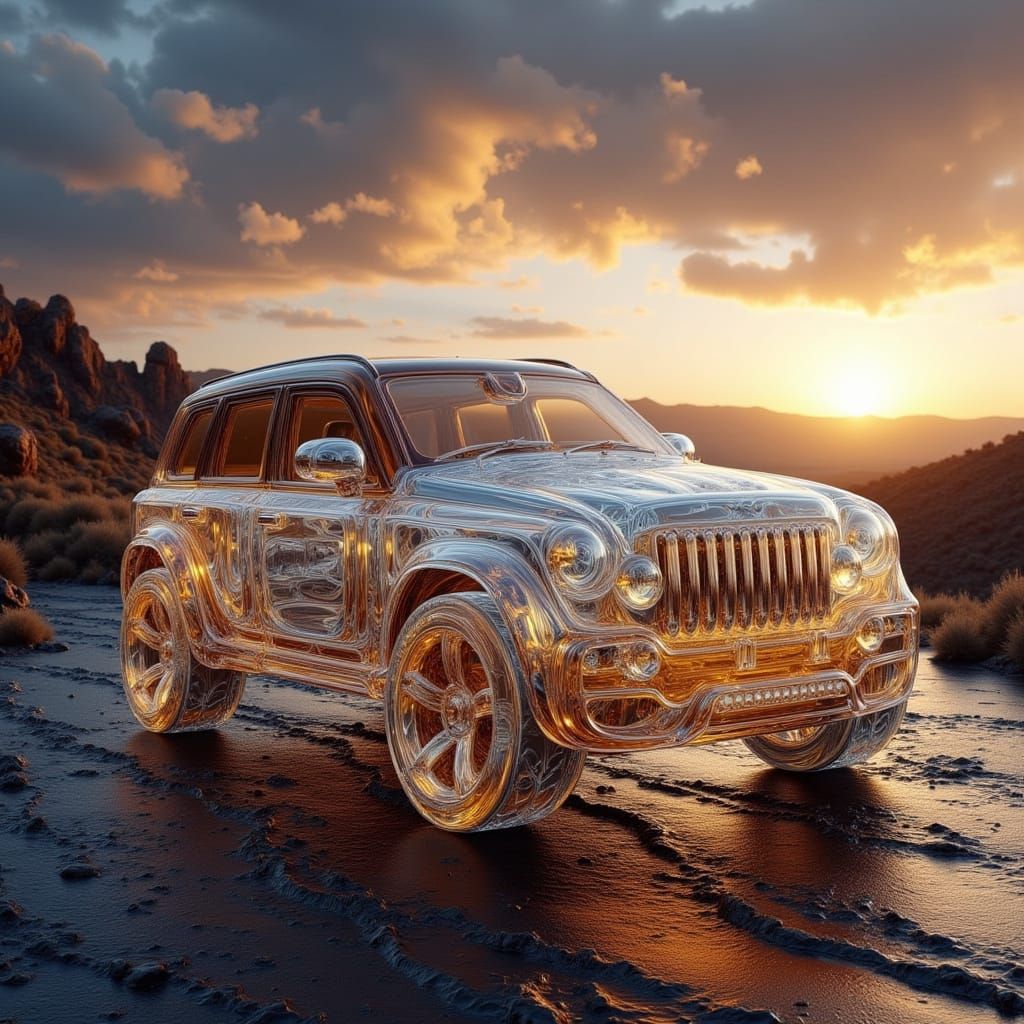 Transparent Glass Jeep with Gold Decorations in Nature