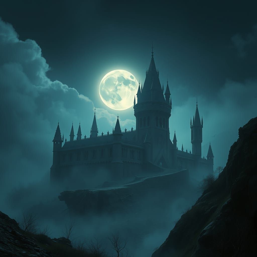 Full Moon over the ruined collapsed fortress, foggy night.