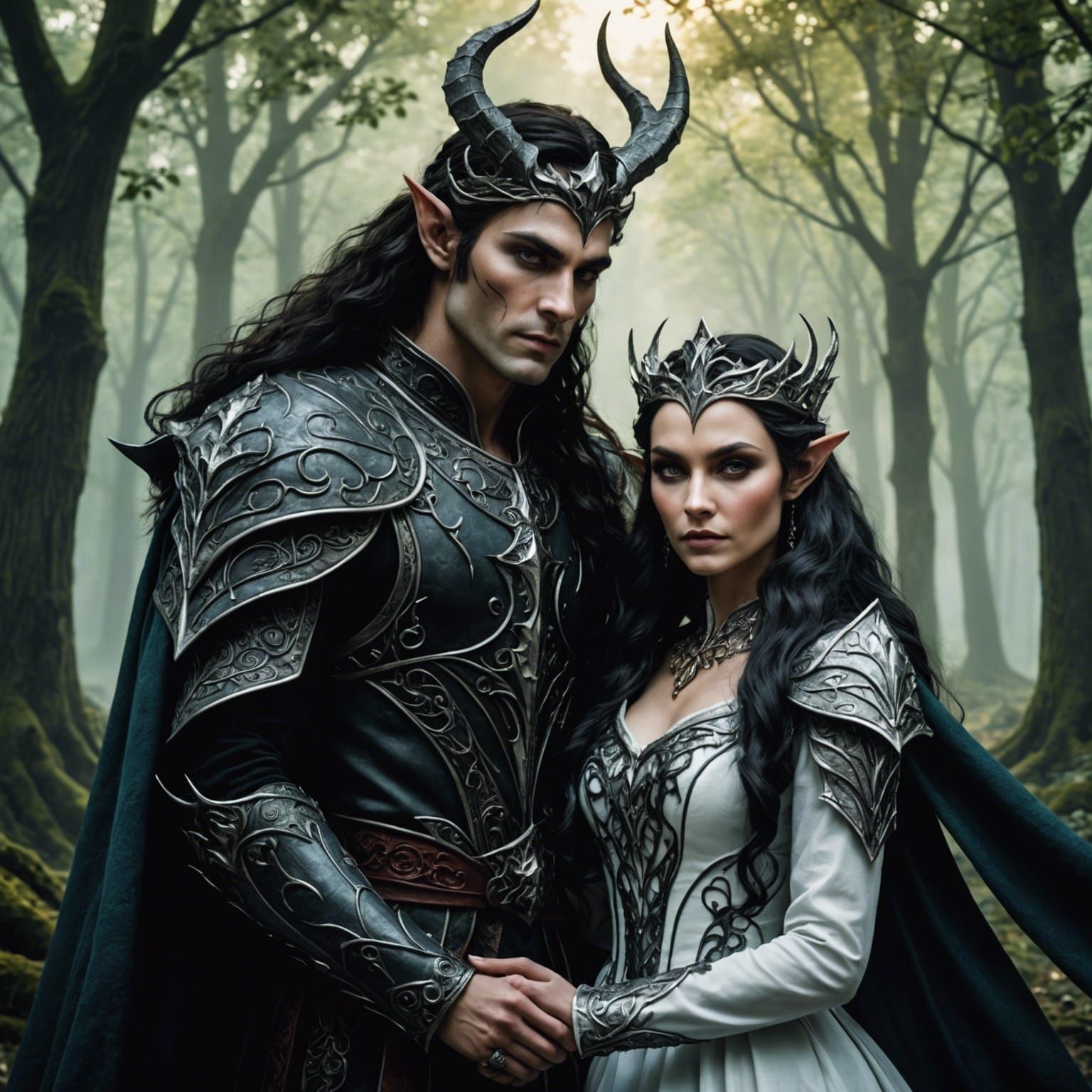White hair Demon king, black hair elven queen, couple, romantic