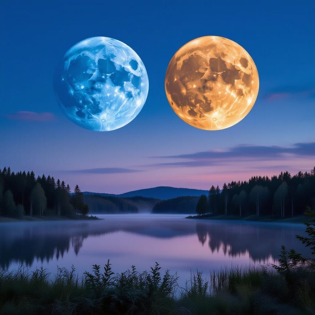 Dual Moonlit Lake Reflection in Enchanted Forest
