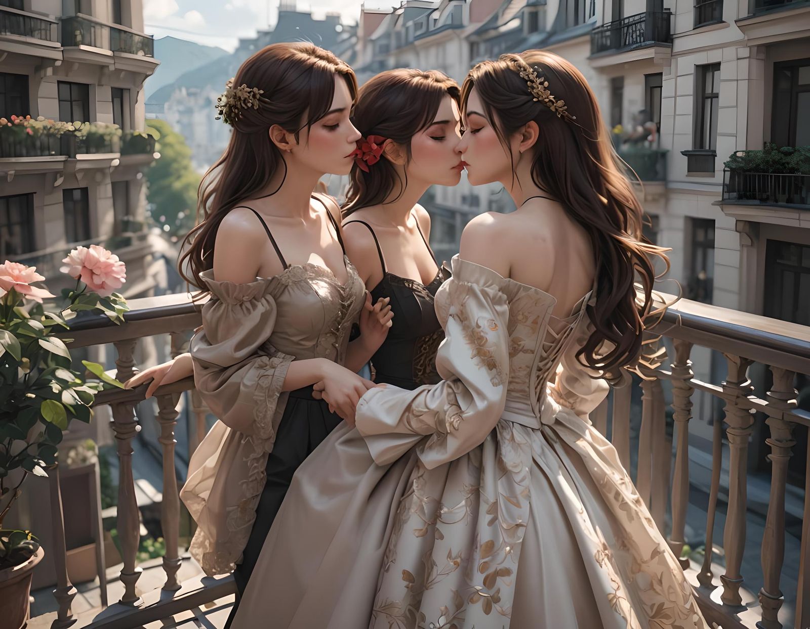 Brunette ladies kissing, fashion dress, balcony