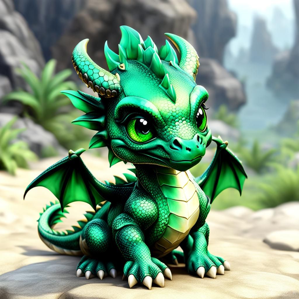 Cute Baby Emerald Green Dragon  by @Dylan Louis