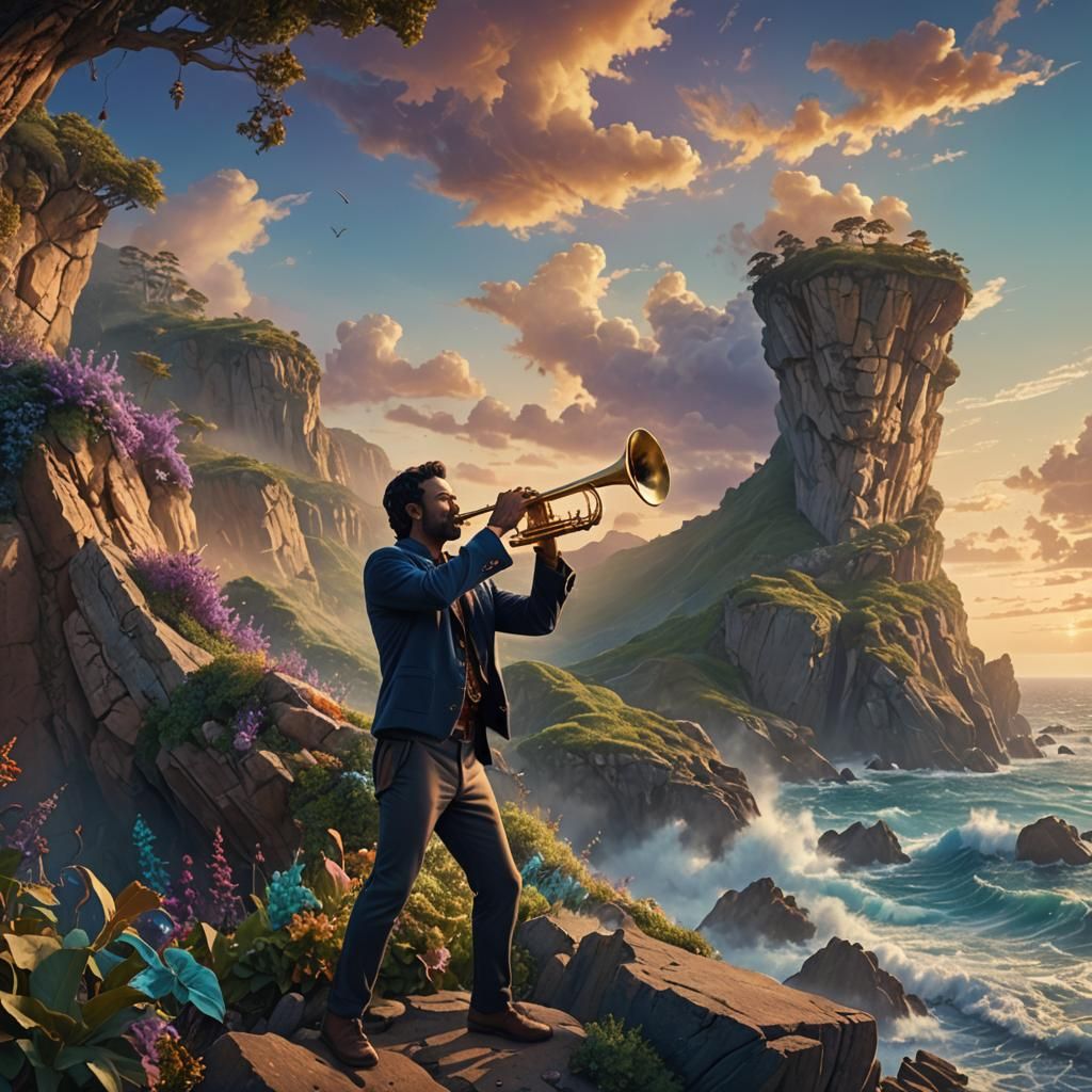 Man Plays Trumpet on Coastal Cliff: Matte Painting