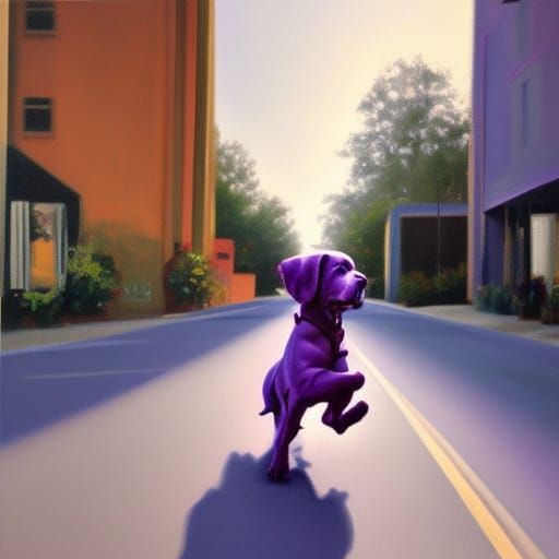 Purple dog running in the street