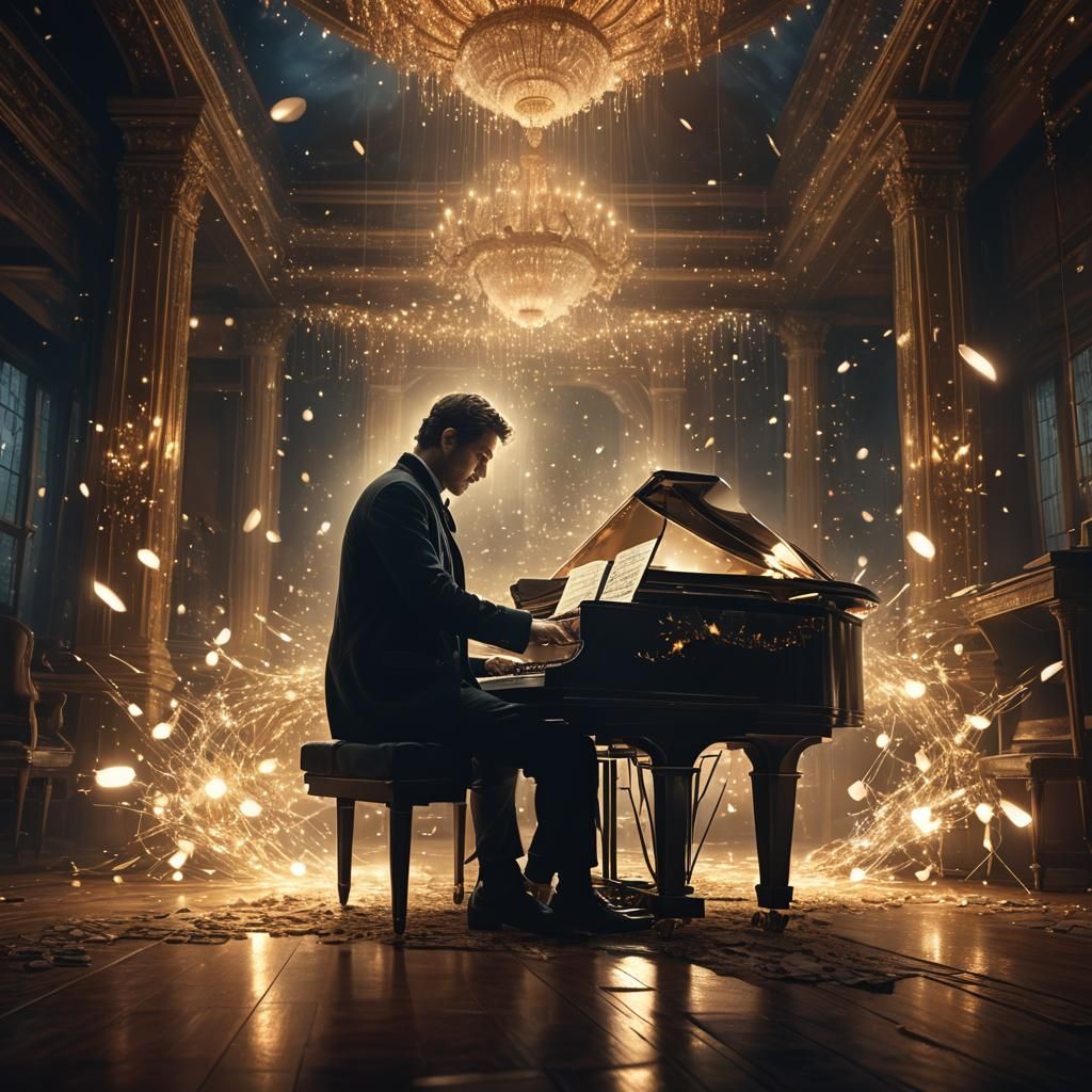 Pianist playing the piano with lights and glows around him.
