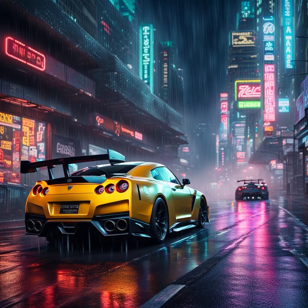 Two GTR R35 Driving Through A Neon Cyber City Street At Night In The