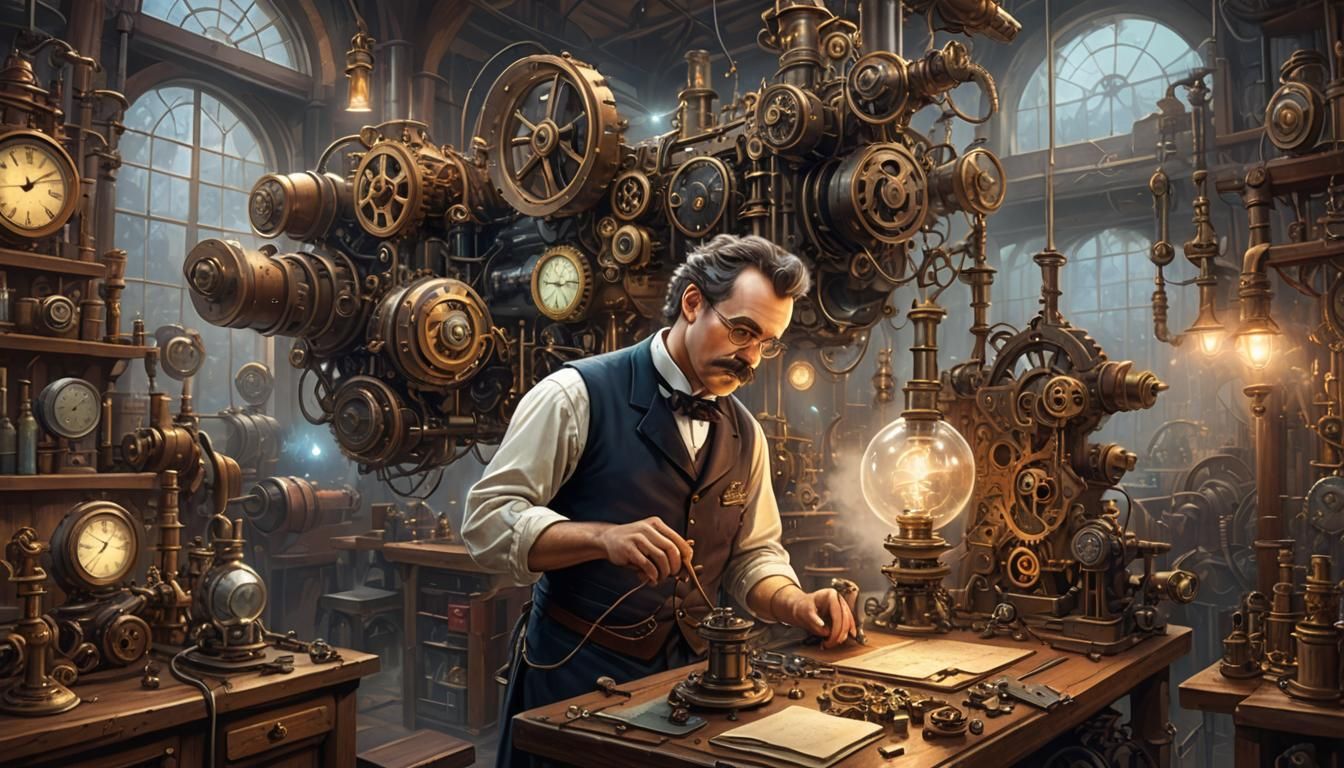 A steampunk digital illustration of a Victorian-era inventor in a ...