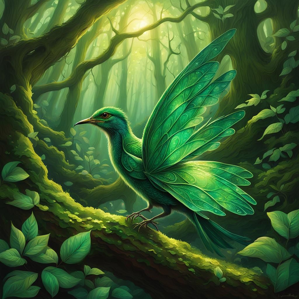 “In the heart of an ancient forest, where sunlight filters t...