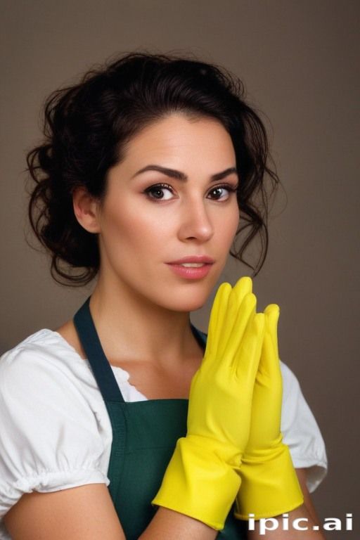 Brazilian charwoman aged 40 wearing wornout clothes, heavy yellow household gloves and a rubber apron - 1