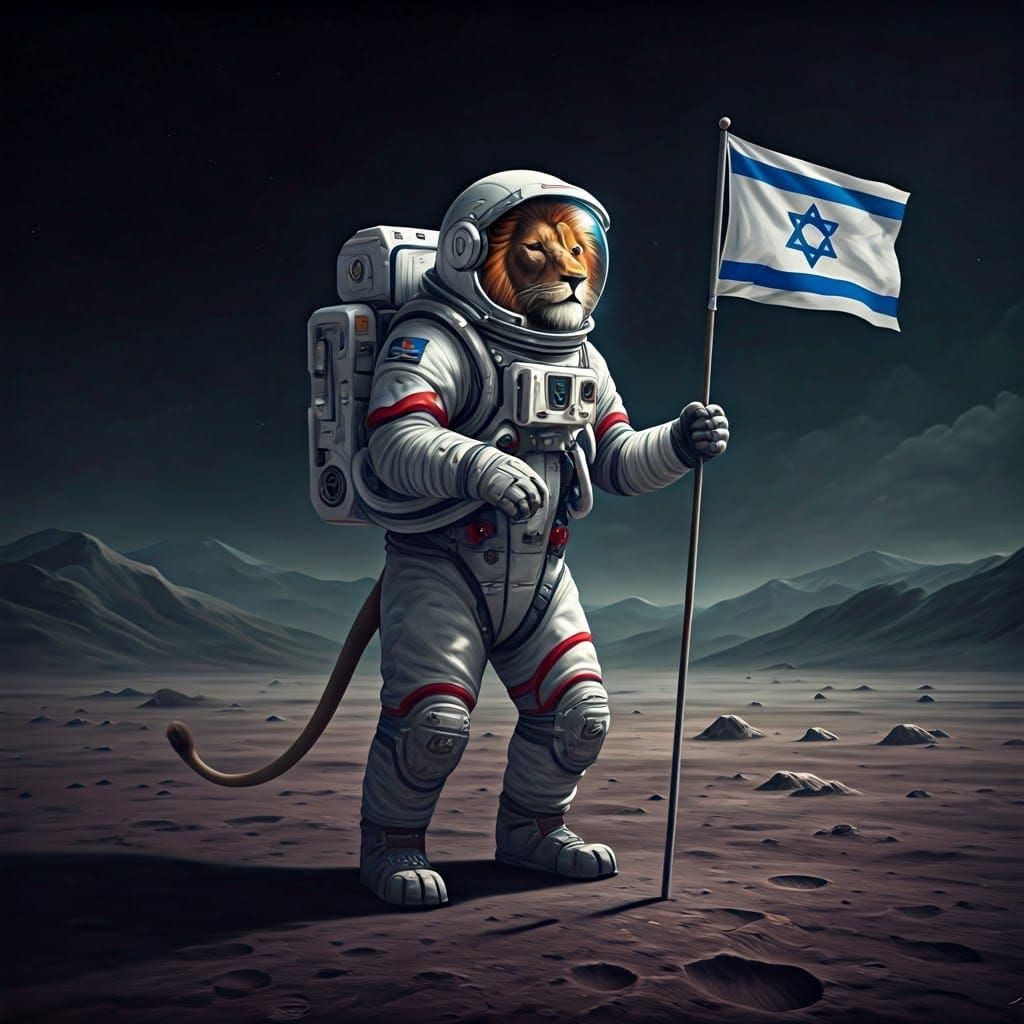 Lion Astronaut Plants Flag on Moon in Digital Art