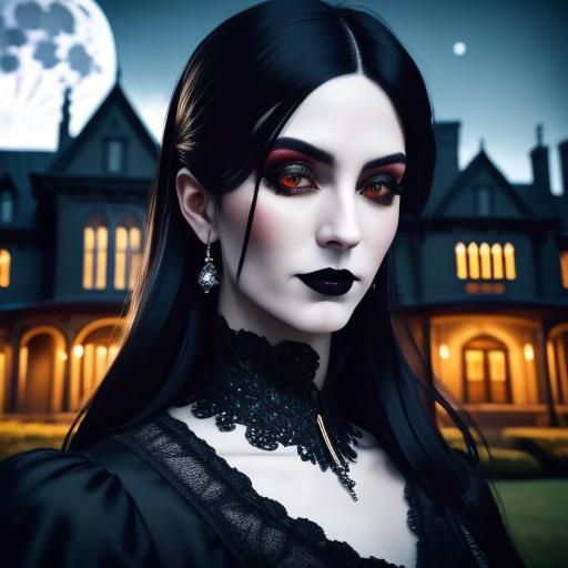 <lora:Dark gothic vampires:0.7>close Up portrait photography, of a modern, vampire, Moonlight, gothic mansion, High contrast, Sharp focus, b...