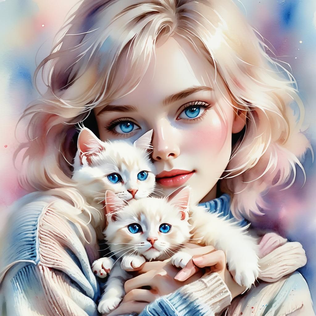 Girl Hugging Kittens Pastels AI Generated Artwork NightCafe Creator