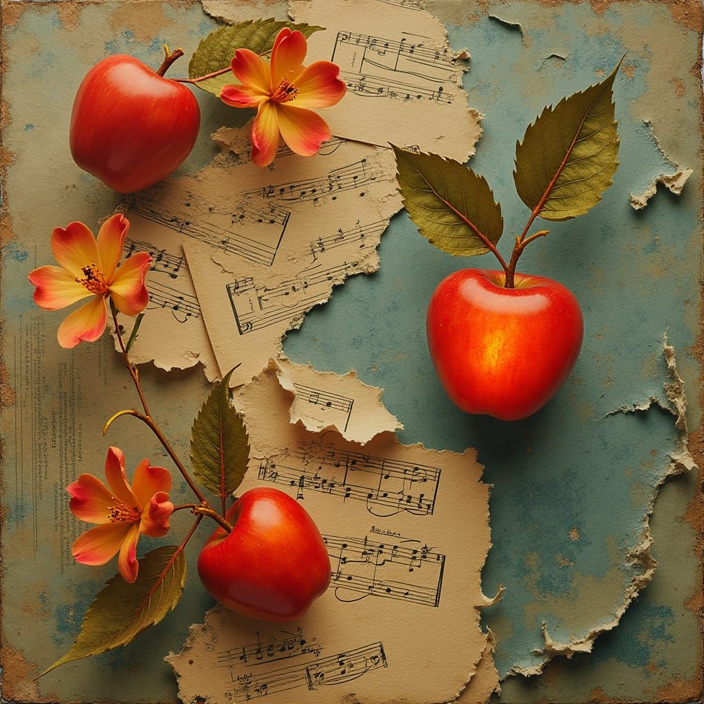 <lora:pleaseworkthistime:1.0> Surrealist paper collage with vintage elements: glowing electric apples hover, interspersed with unfurling she...