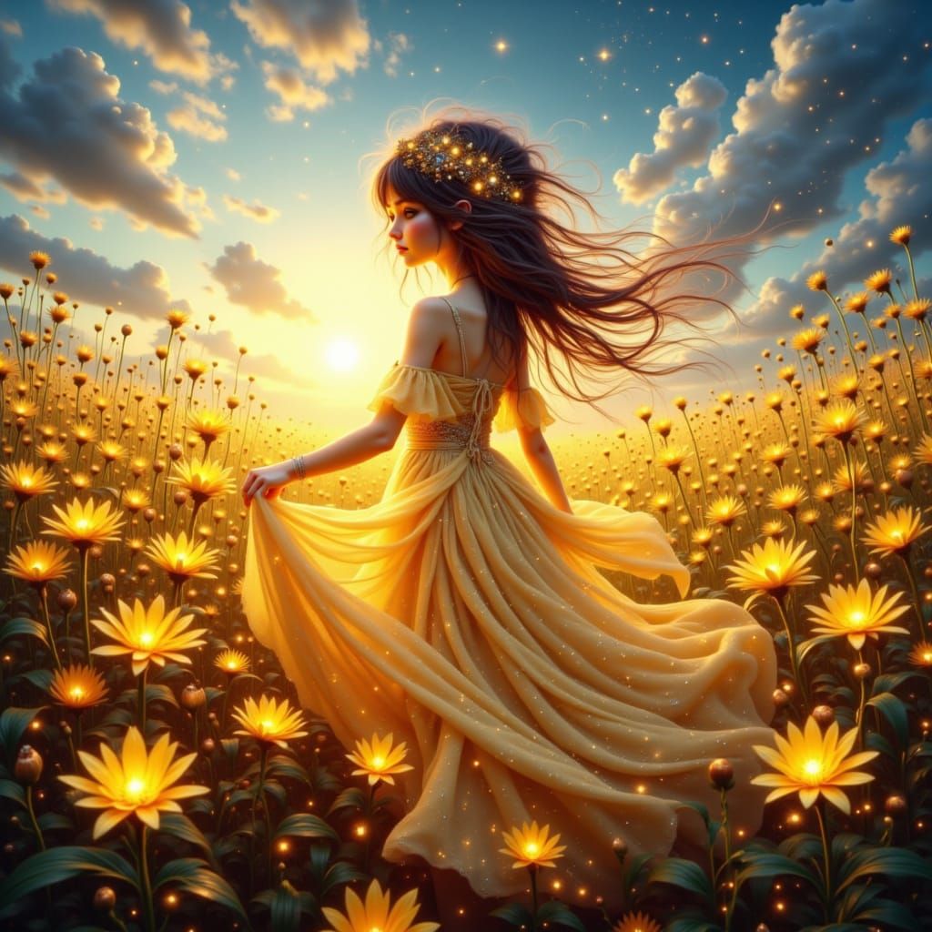 A woman with a dress of stars billowing breath of elaborate life, walking through a field of glowing yellow zebra flowers under a cloud shot...