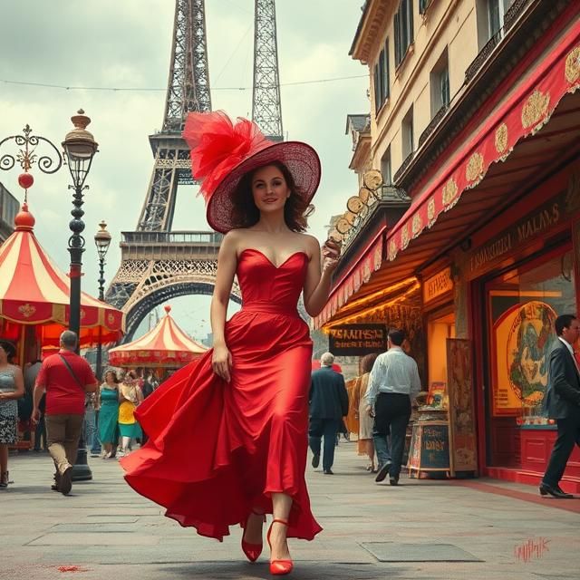 LADY IN RED WALKING IN A VINTAGE PARIS.