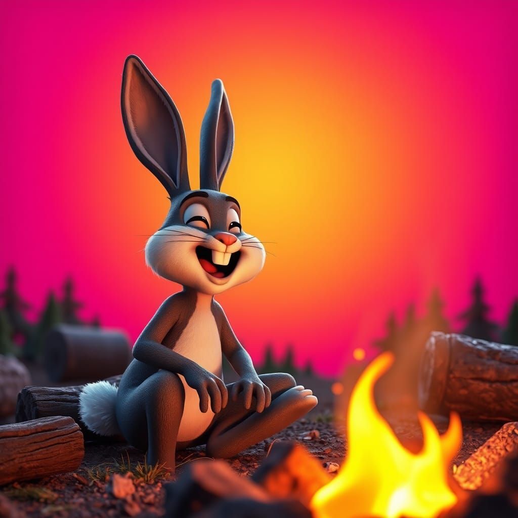 Laughing Bunny at Campfire: Pixar Style 3D Art