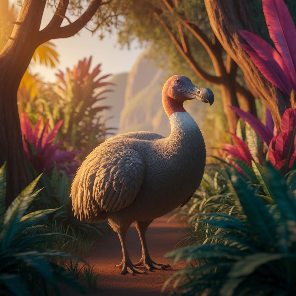 A detailed and lifelike depiction of a dodo bird in its natural habitat on a lush, tropical island. The ...  by @Likra