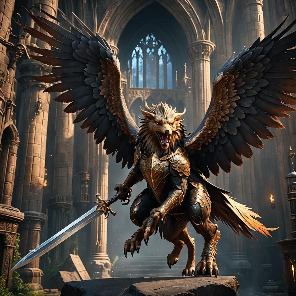 Flying griffin strong warrior with magical sword in Hogwarts