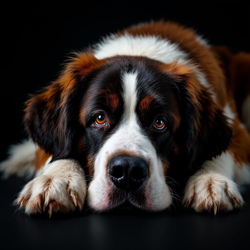 magical realism of a Saint Bernard laying down with her head on the floor, looking directly into the ...  by @Nednut4362