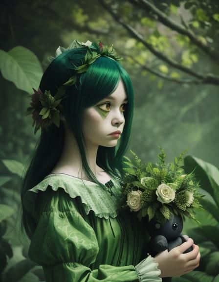 Monster doll woman with beautiful green leafs with flowers d...