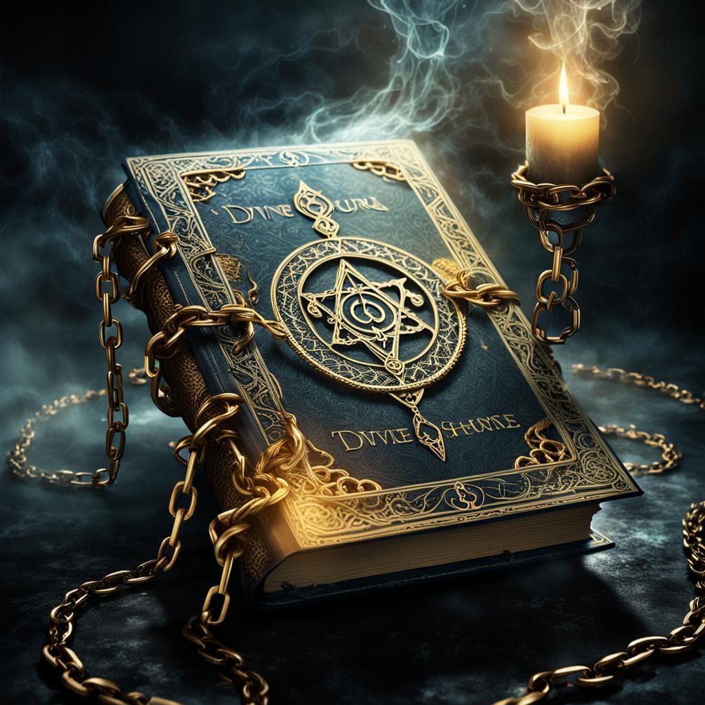 Floating spell book chained shut by divine chains