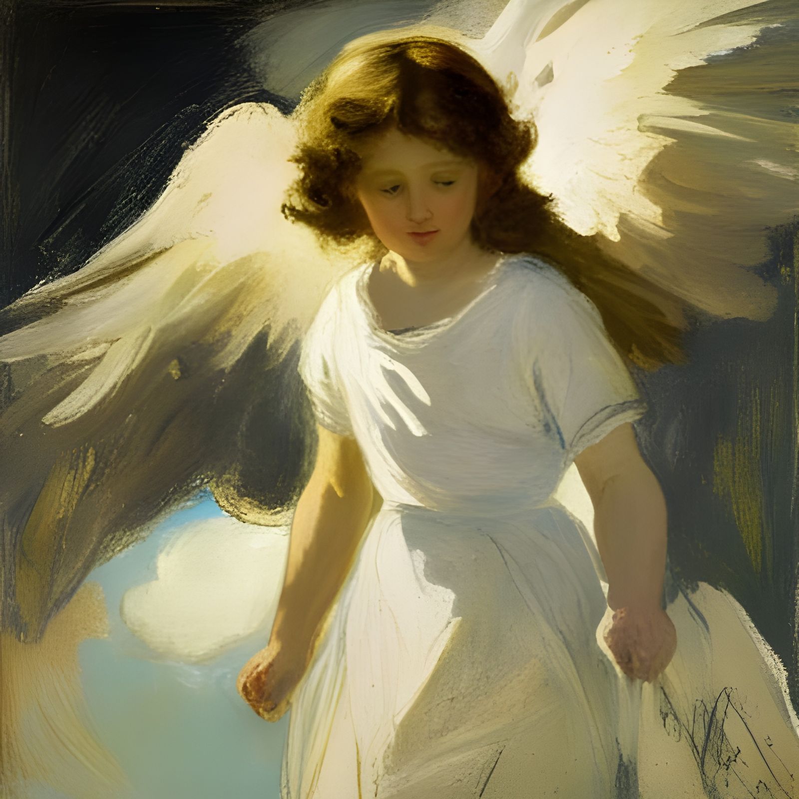 oil painting of a guardian angel looking down from clouds, Abbott ...