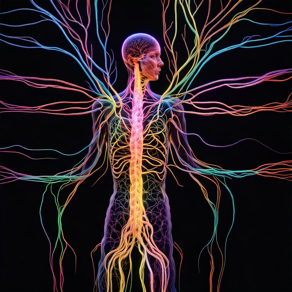 Nervous system. Nerves flowing. Outline of body. Neon colorf...