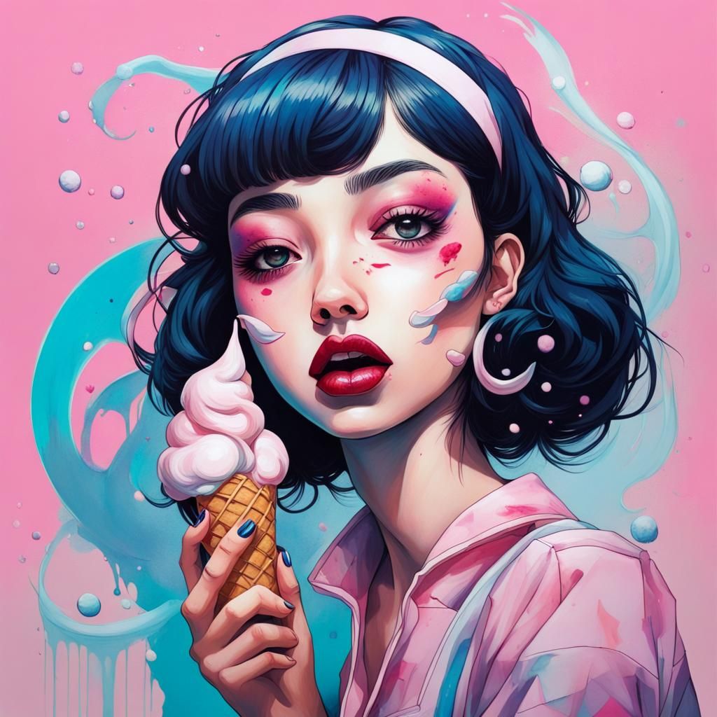Girl Enjoying The Moment With Ice Cream Taking Artistic Influence From Harumi Hironaka And Ake 