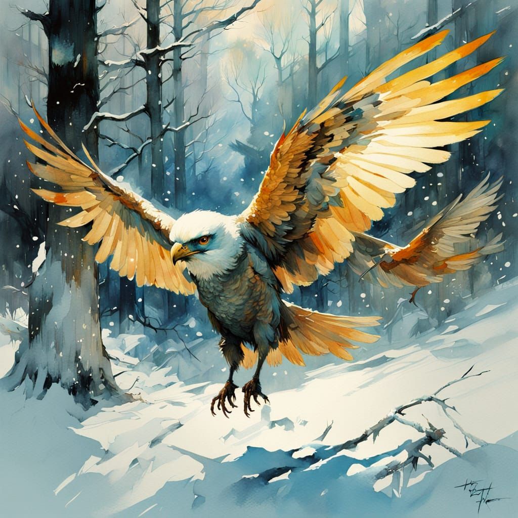 "Winter perches like a bird,
 wings tucked in so the soul is heard." Stylized watercolor visuals, ultra ...  by @Pjrockey