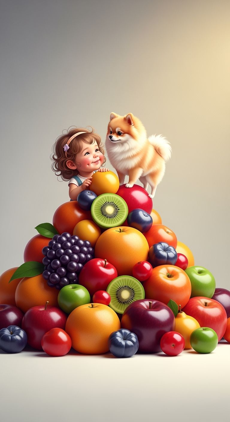 Girl and Pomeranian Among Fruit Mountain