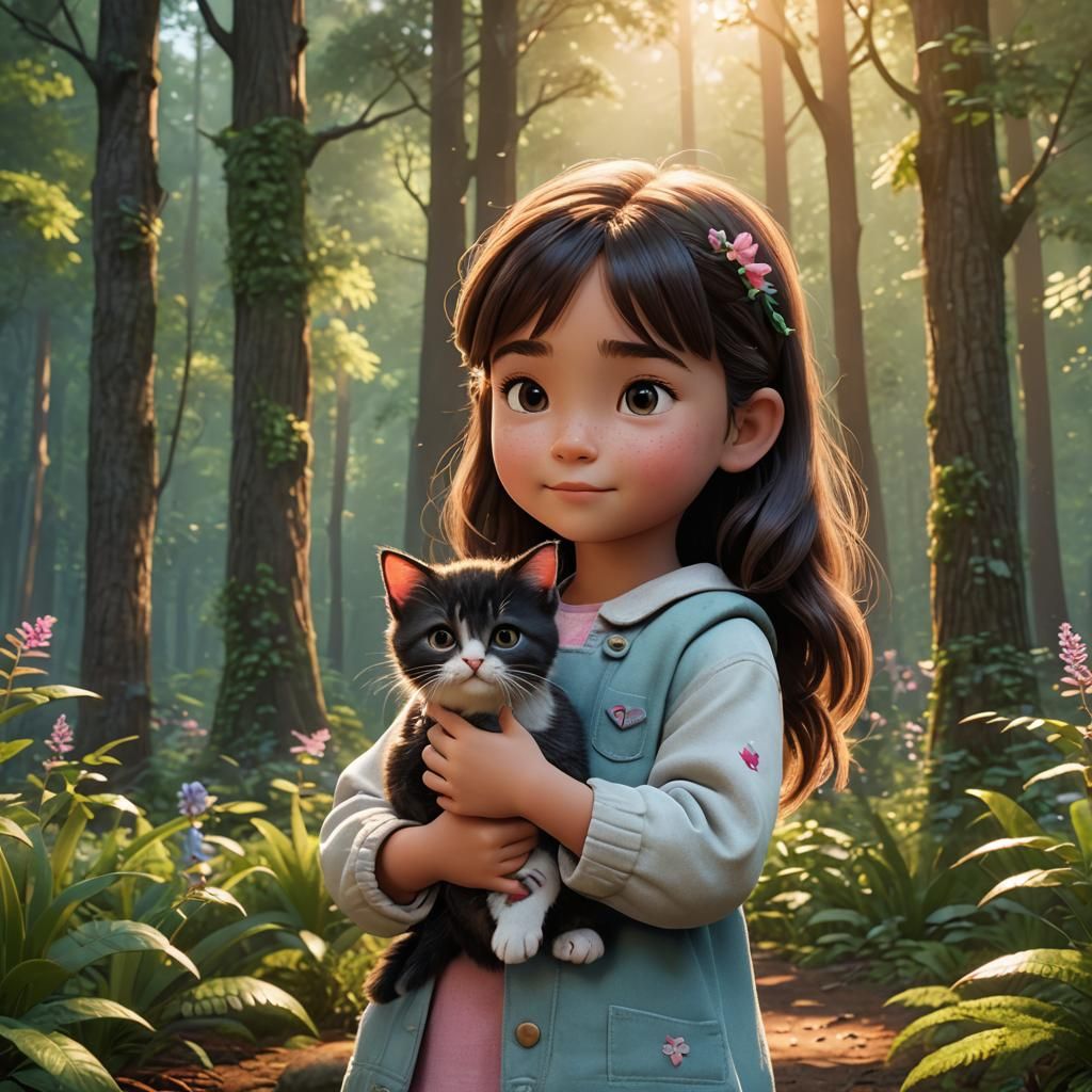Make a picture of a beautiful little girl holding a little k...