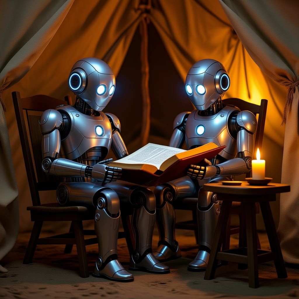 A robot sits on a three-legged wooden chair studying Torah from an old book with a candle next to it, shining inside a tent.