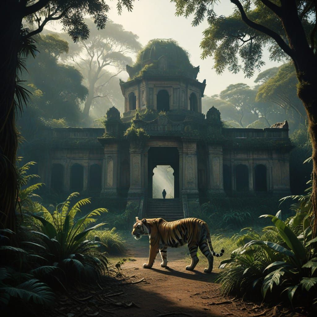 Tiger - Ancient Bengal Tiger Before Mysterious Temple
