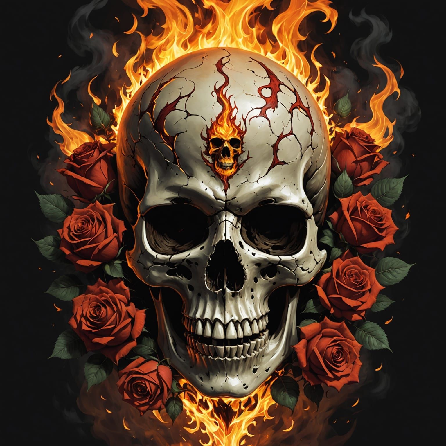 Flaming Skull and Roses, Sinister Baroque Art