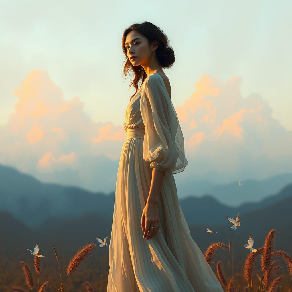 Elegant Woman in Dreamy Landscape, Ethereal Art