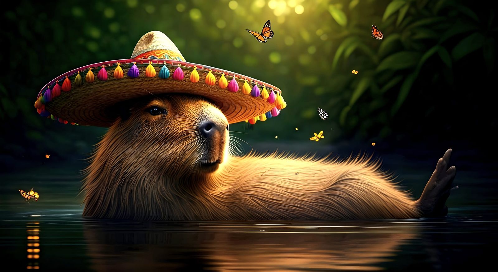 Relaxing Capybara in River with Sombrero