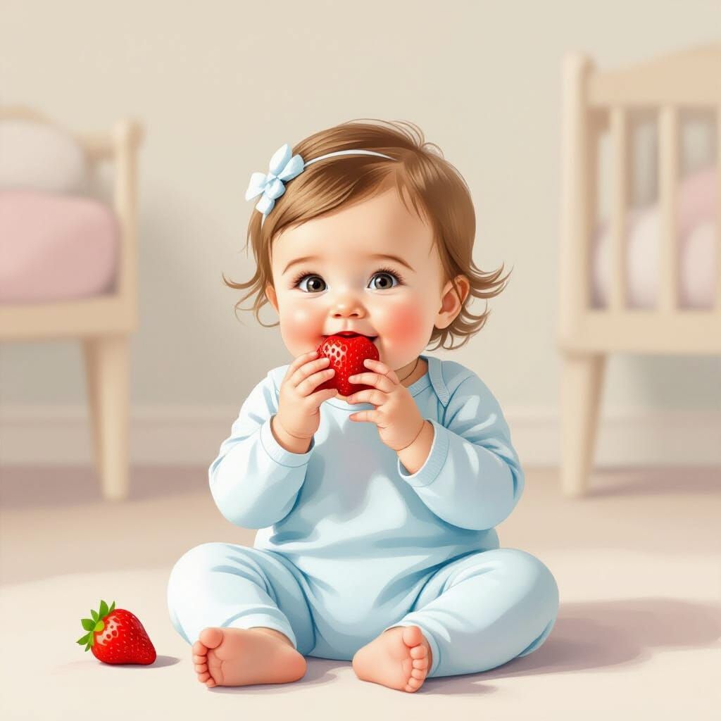 Baby Girl Eating Strawberry in Nursery Illustration Style